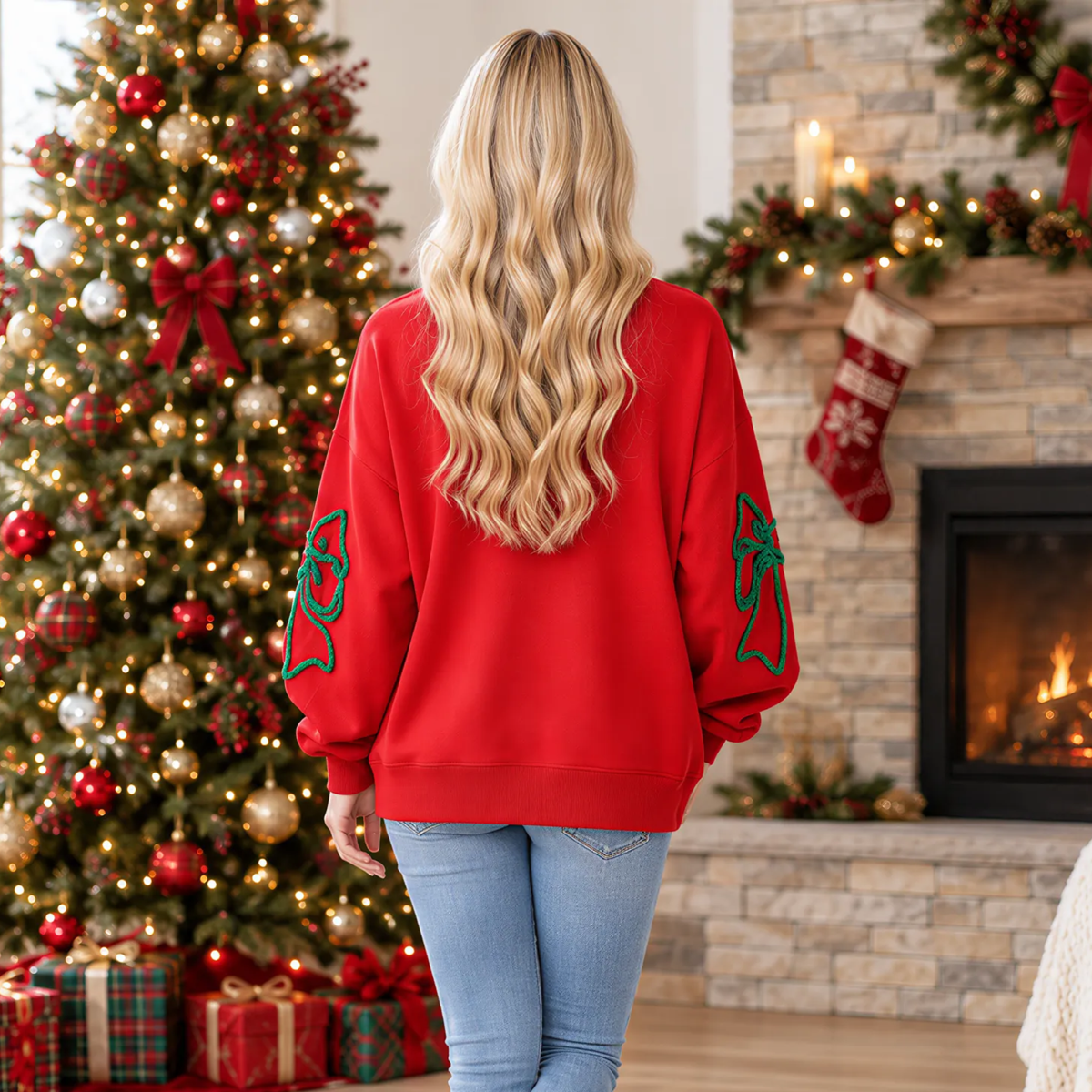 (PRE-ORDER) Women's Fall Christmas Bow Graphic Long Sleeve Sweatshirt: Red