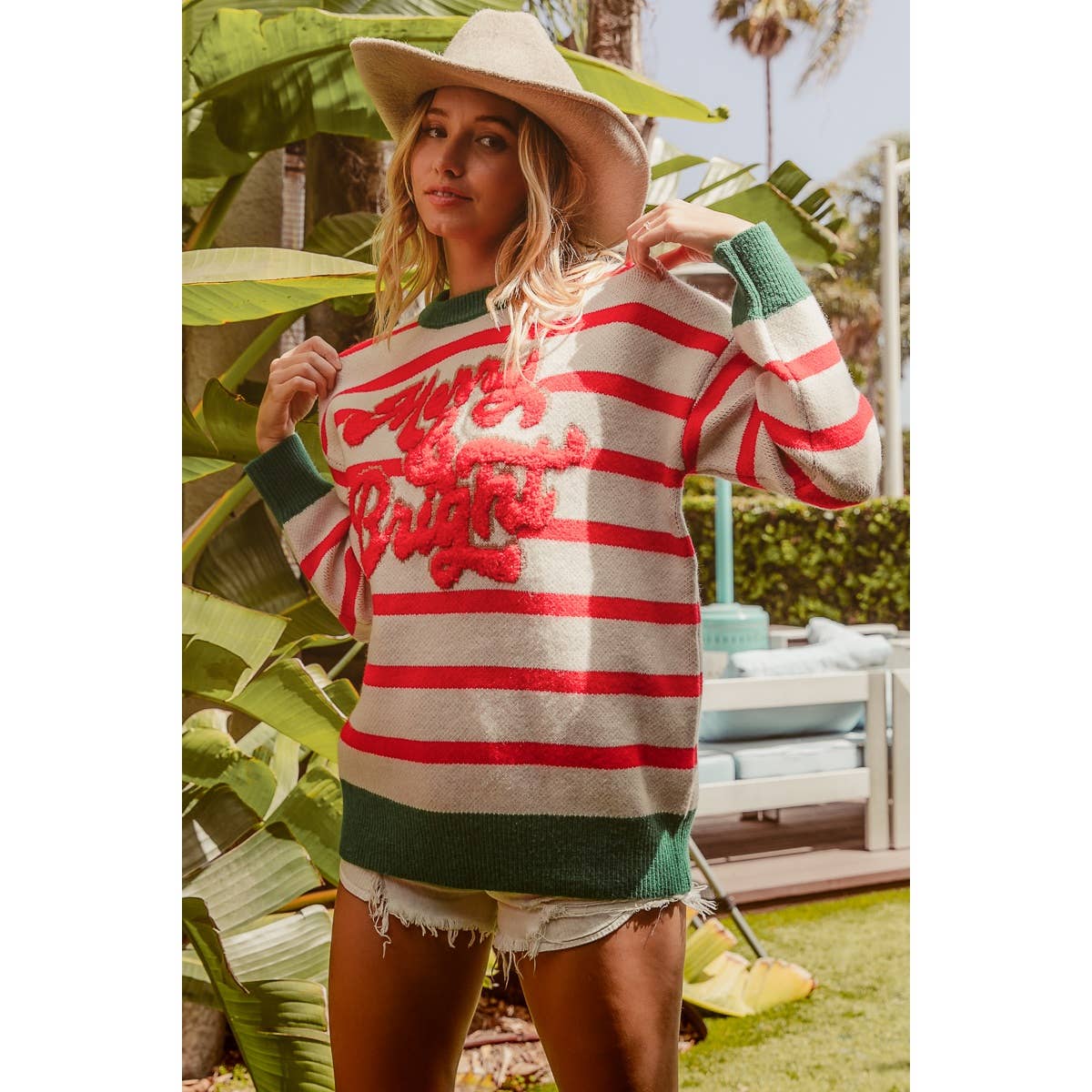 CHRISTMAS THEME STRIPE KNIT TOP: IVORY/RED