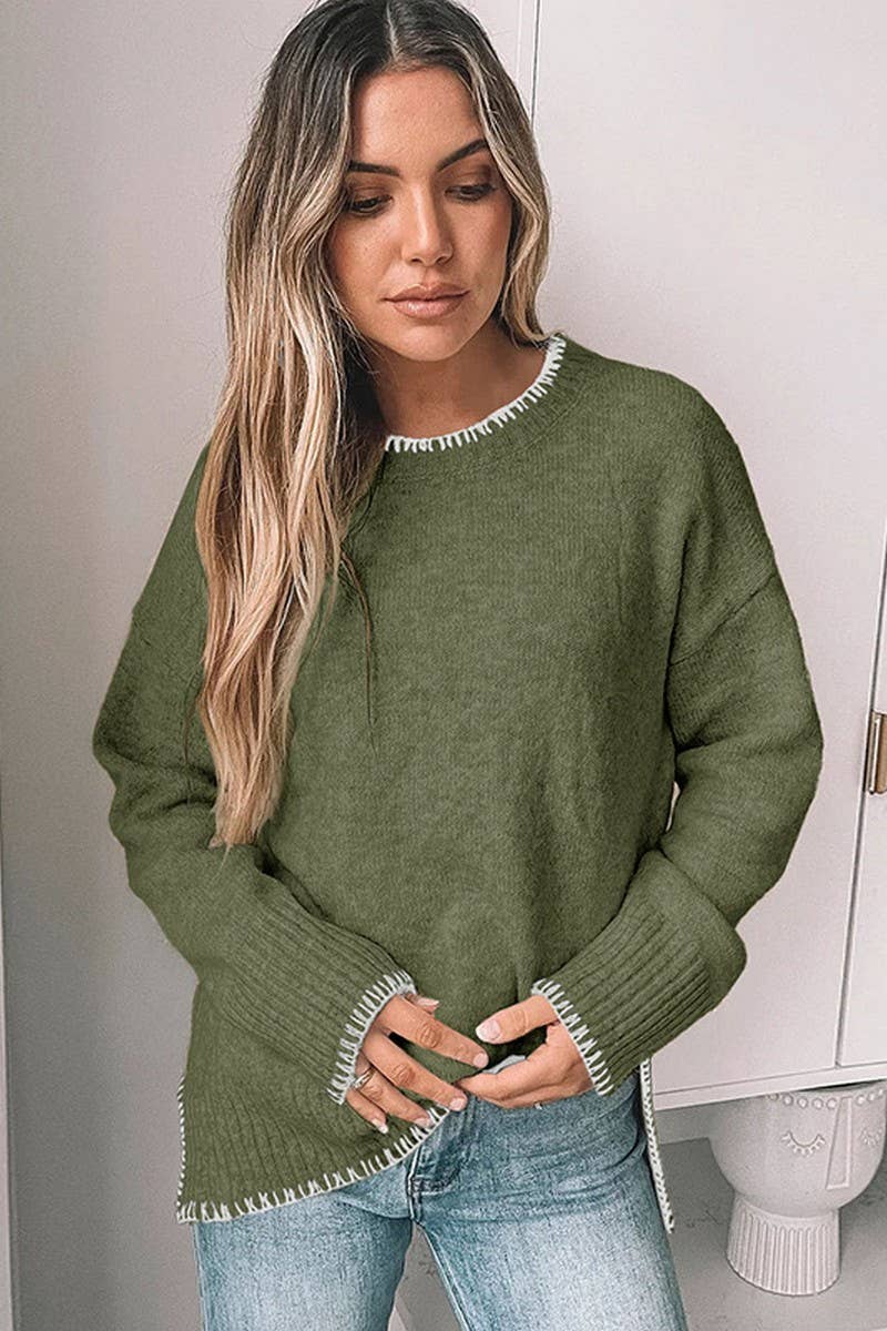 (PRE-ORDER) CREW NECK CASUAL LONG SLEEVE SLIT KNITTED SWEATER: GREEN