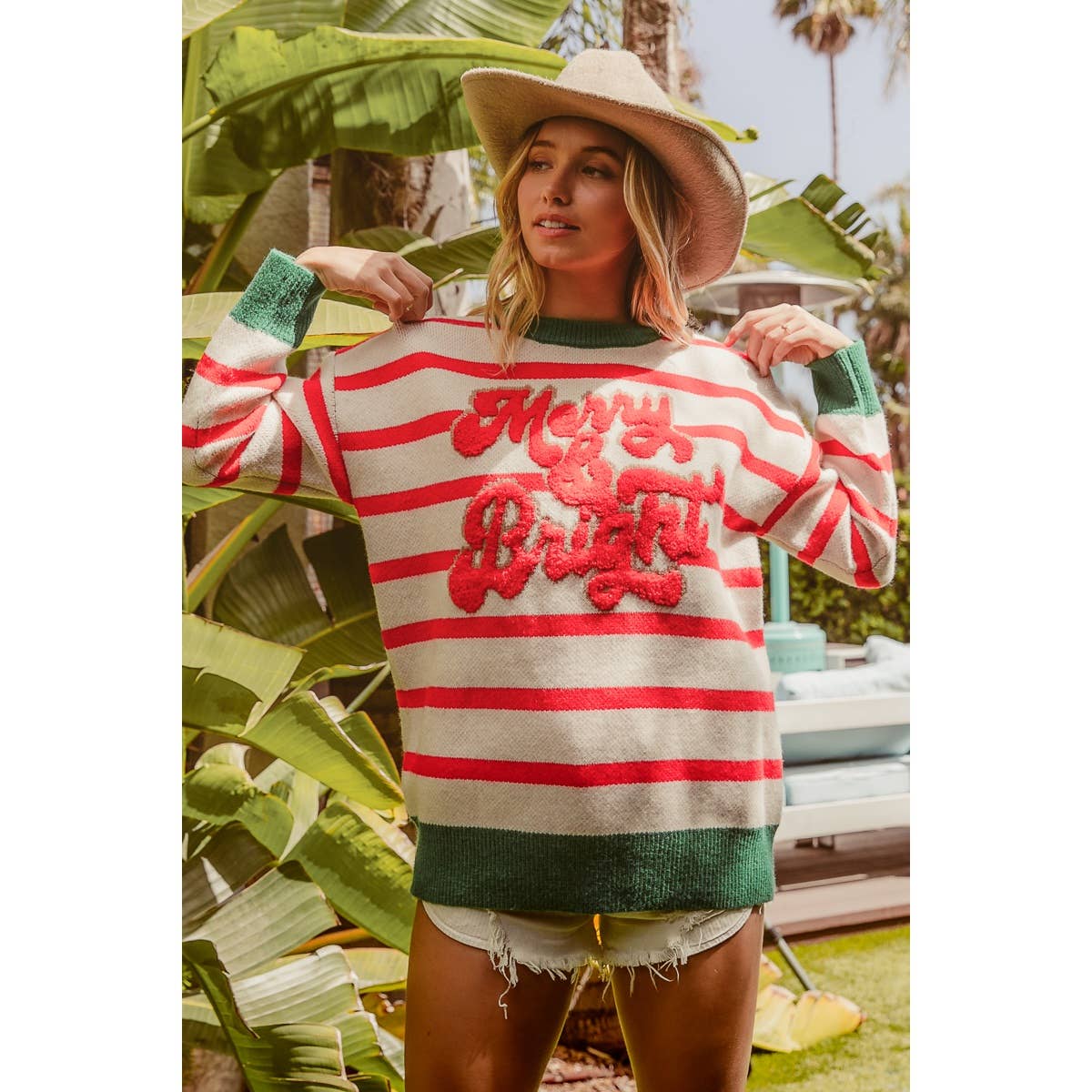 CHRISTMAS THEME STRIPE KNIT TOP: IVORY/RED