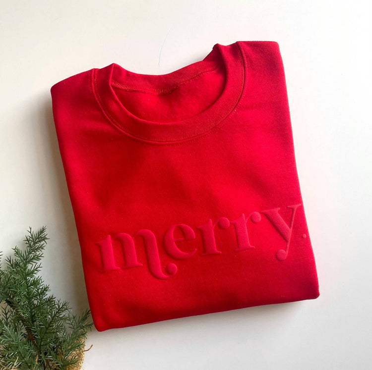 Retro Embossed Merry Sweatshirt - Womens Holiday Sweatshir