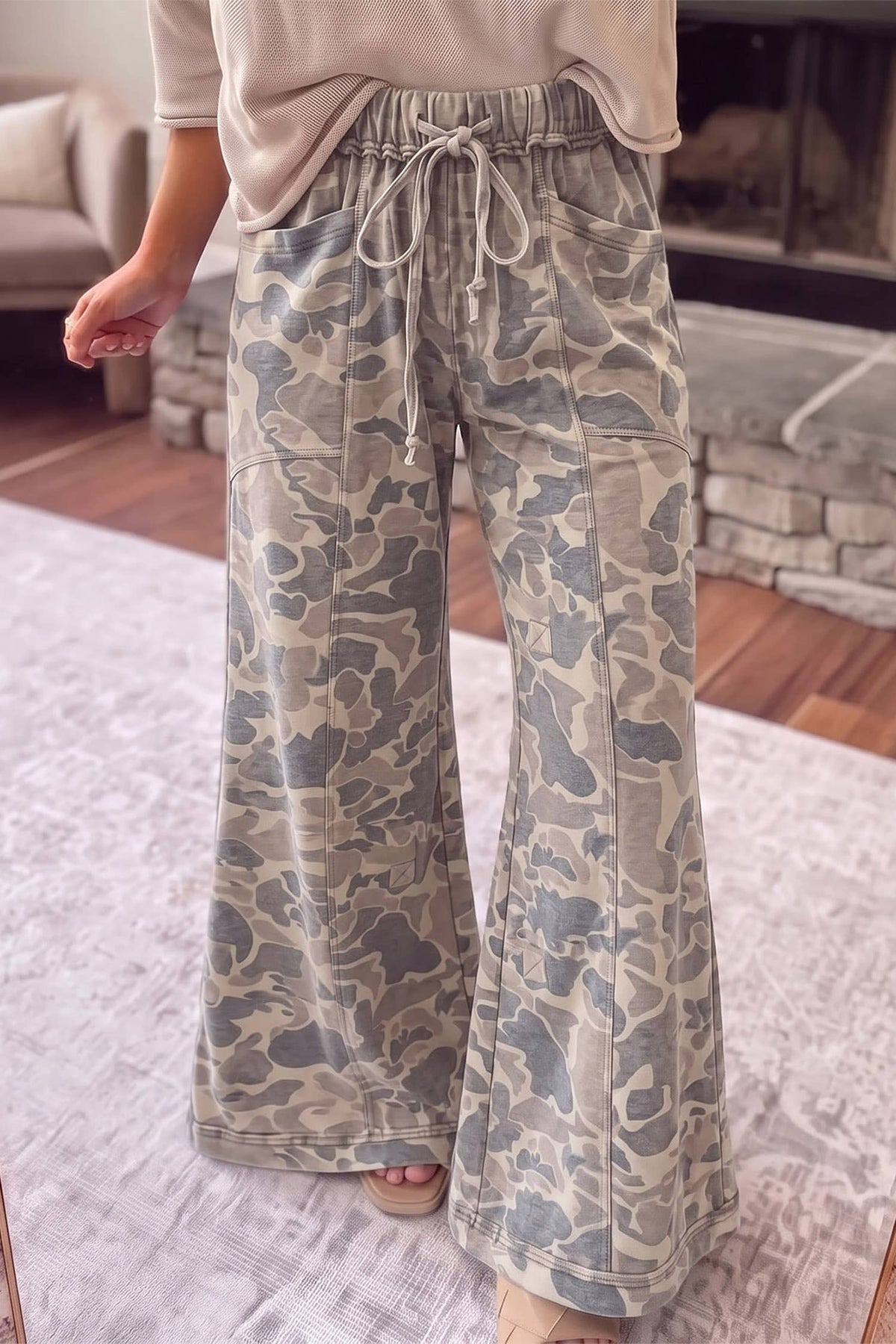 (PRE-ORDER) Abstract Camo Print Wide Leg Pants Khaki-Camo