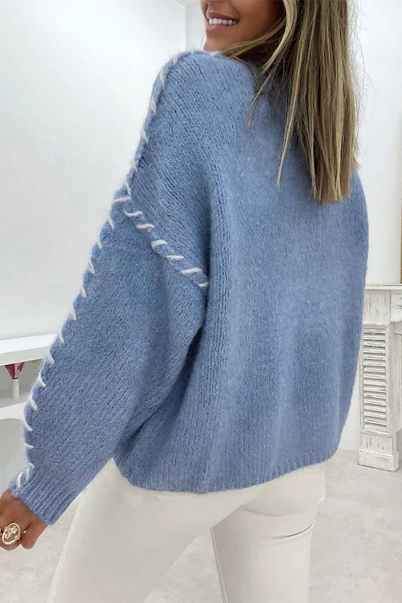 (PRE-ORDER)CREW NECK LONG SLEEVE KNIT SWEATER TOP: BLUE