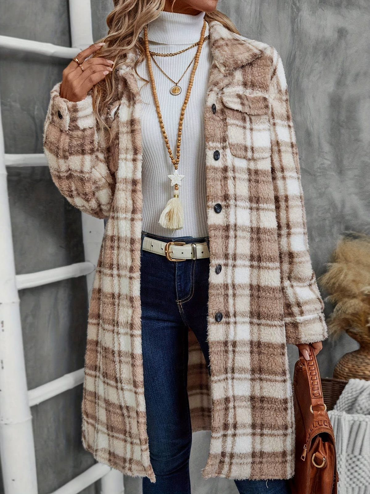 (PRE-ORDER) Camel Button Double-Sided Plush Long Coat: Camel