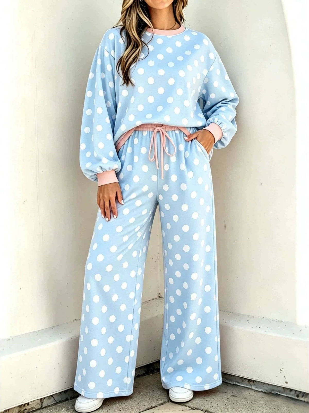 (PRE-ORDER) Casual Versatile Two Tone Polka Dots Crewneck Top 2PC Set: LightBlue