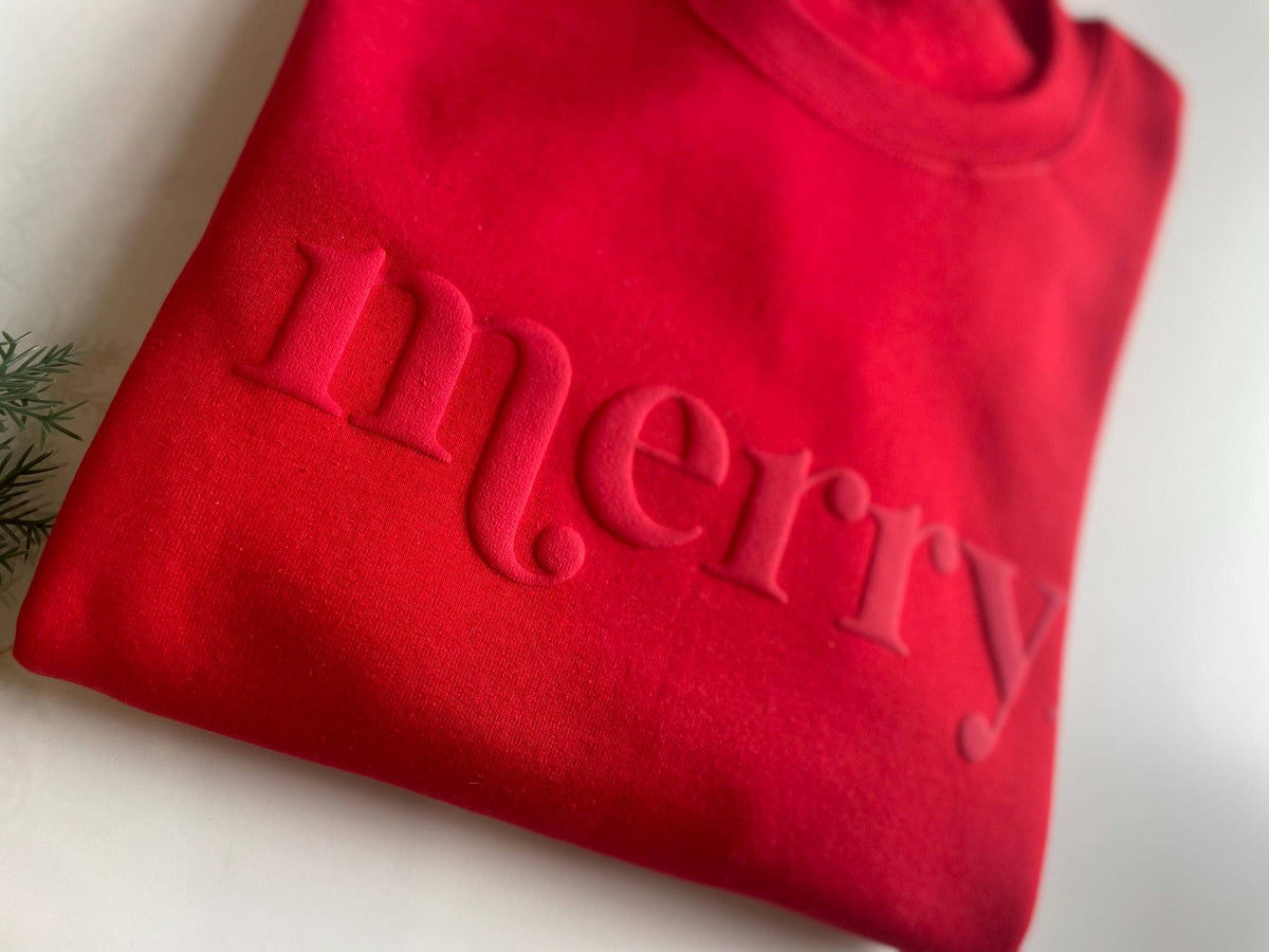 Retro Embossed Merry Sweatshirt - Womens Holiday Sweatshir