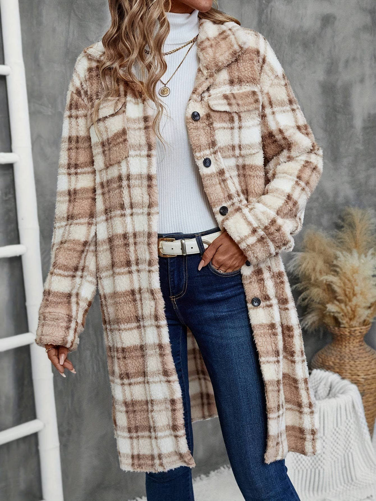 (PRE-ORDER) Camel Button Double-Sided Plush Long Coat: Camel