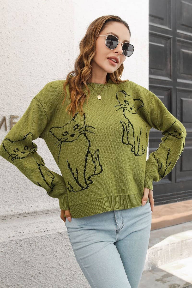 (PRE-ORDER) CAT JACQUARD LONG-SLEEVED PULLOVER SWEATER: ARMYGREEN