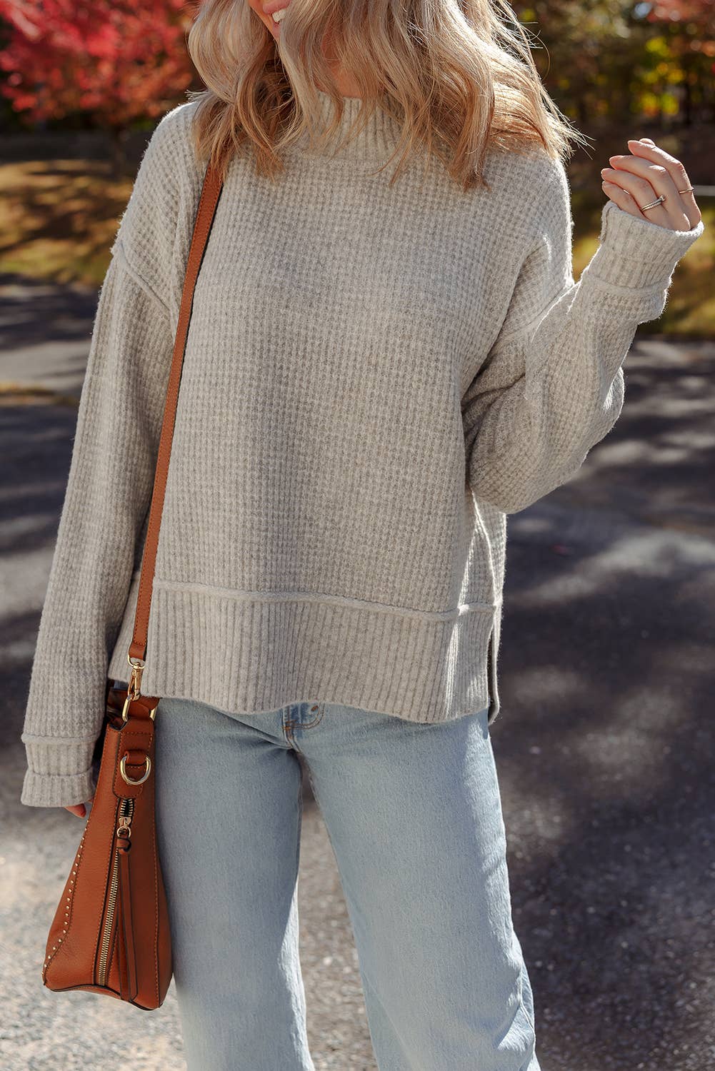 (PRE-ORDER) Waffle Texture Knit Ribbed Mock Neck Drop Shoulder Sweater: Gray Morn