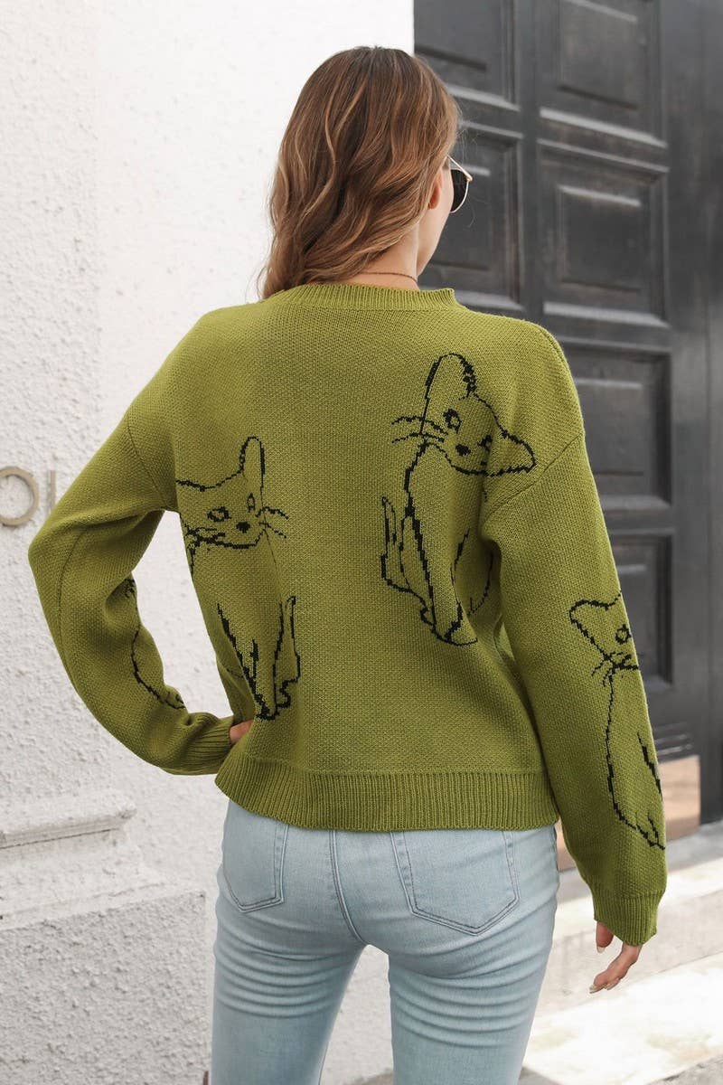 (PRE-ORDER) CAT JACQUARD LONG-SLEEVED PULLOVER SWEATER: ARMYGREEN