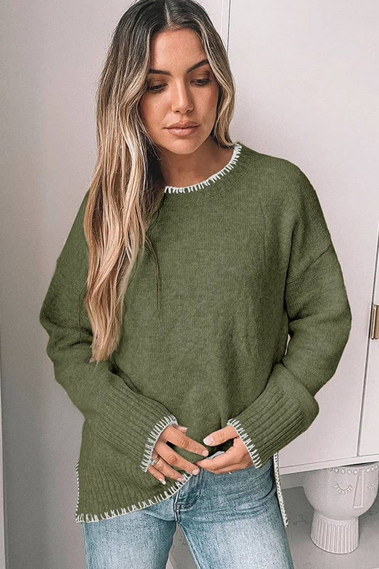 (PRE-ORDER) CREW NECK CASUAL LONG SLEEVE SLIT KNITTED SWEATER: GREEN