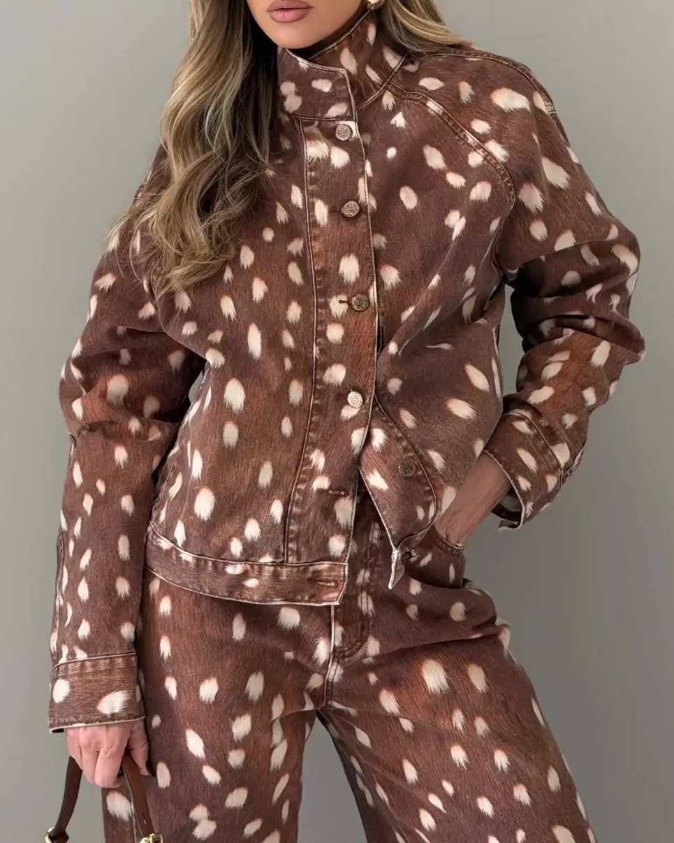 (PRE-ORDER) Western Street Bambi Deer Print Long-Sleeve Jacket: Brown