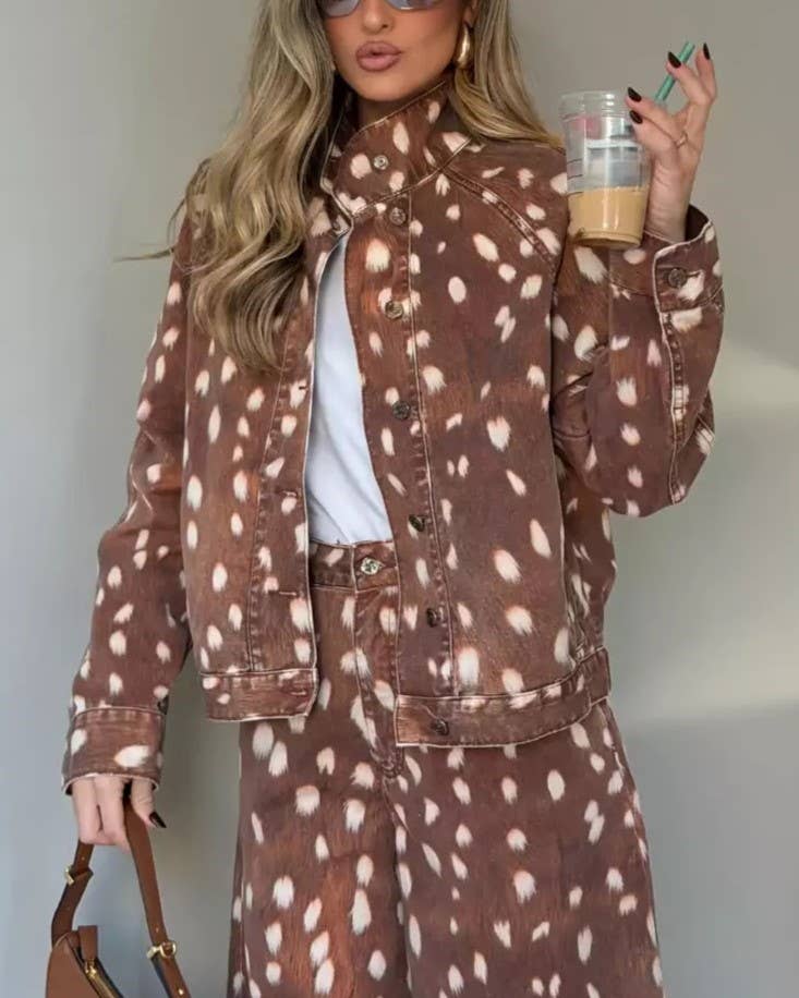 (PRE-ORDER) Western Street Bambi Deer Print Long-Sleeve Jacket: Brown