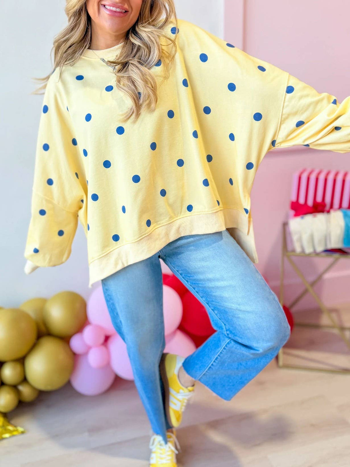 (PRE-ORDER) Butter Yellow Polka dots Oversized Crewneck Sweatshirt