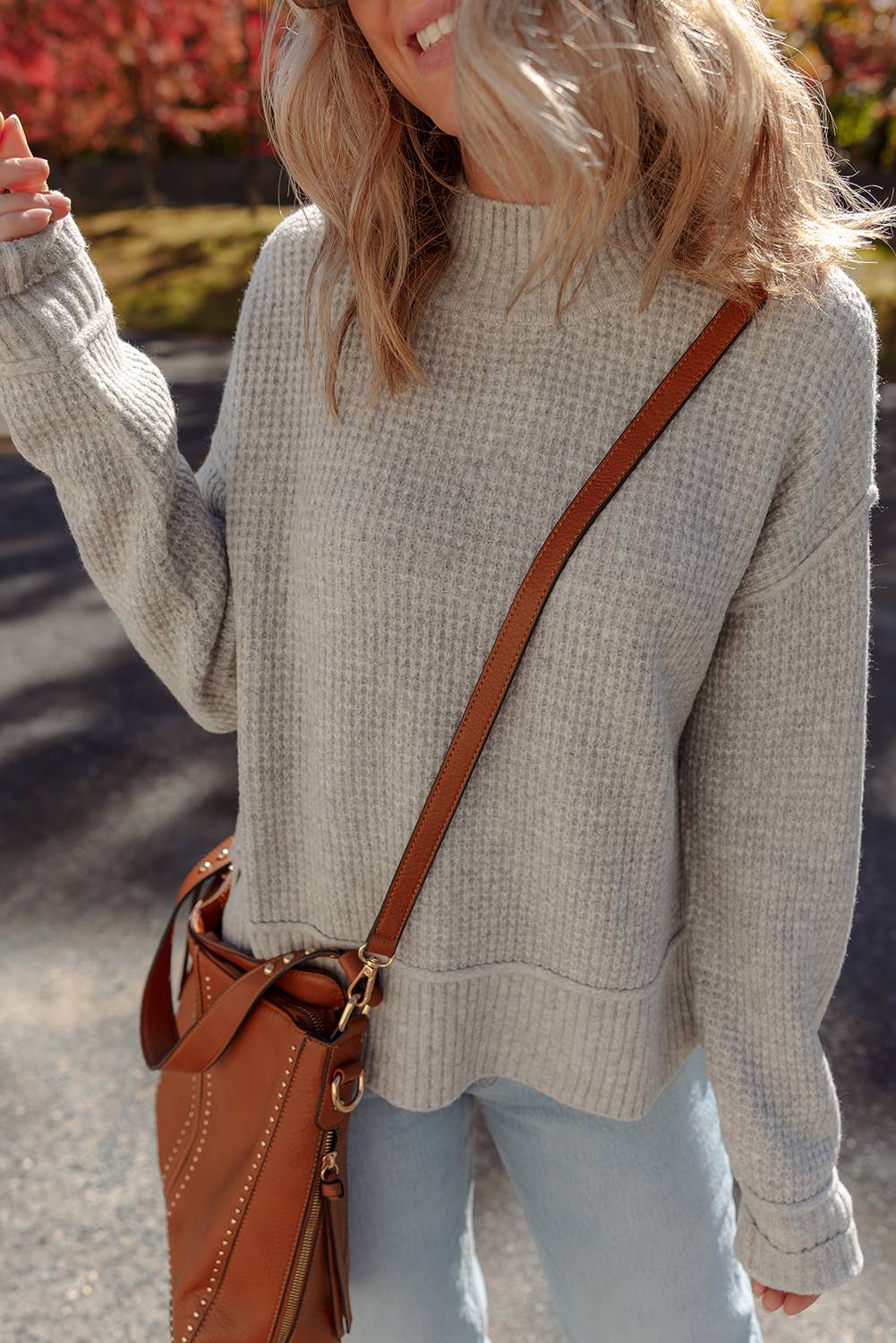 (PRE-ORDER) Waffle Texture Knit Ribbed Mock Neck Drop Shoulder Sweater: Gray Morn
