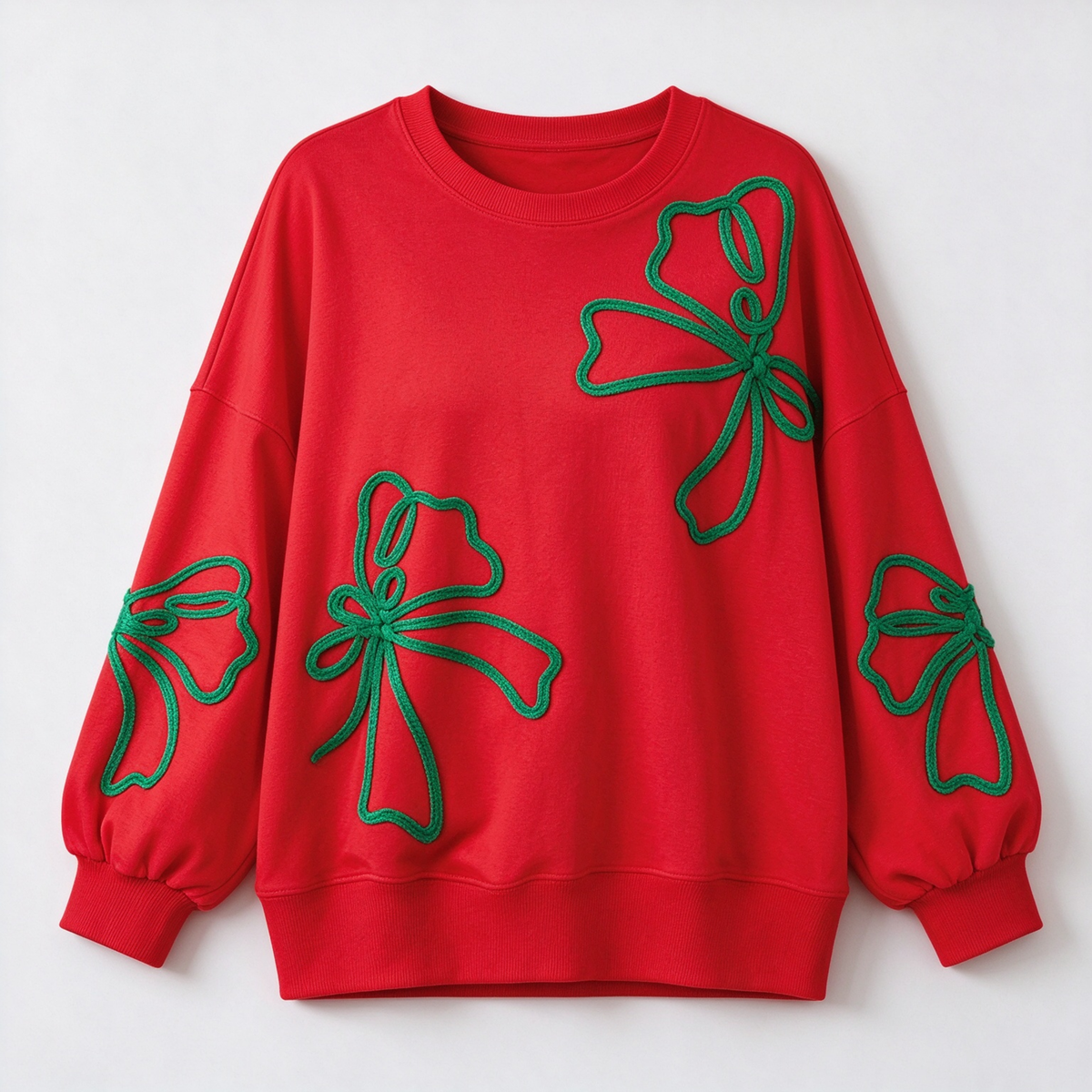 (PRE-ORDER) Women's Fall Christmas Bow Graphic Long Sleeve Sweatshirt: Red