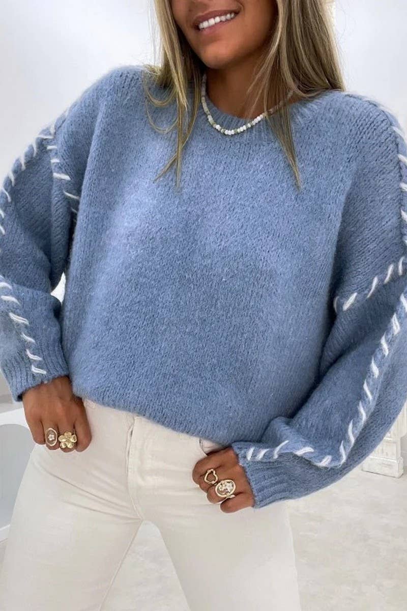(PRE-ORDER)CREW NECK LONG SLEEVE KNIT SWEATER TOP: BLUE