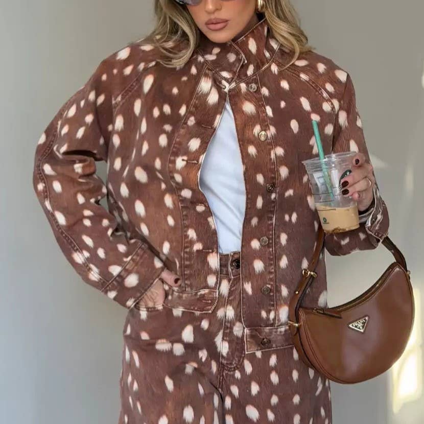 (PRE-ORDER) Western Street Bambi Deer Print Long-Sleeve Jacket: Brown